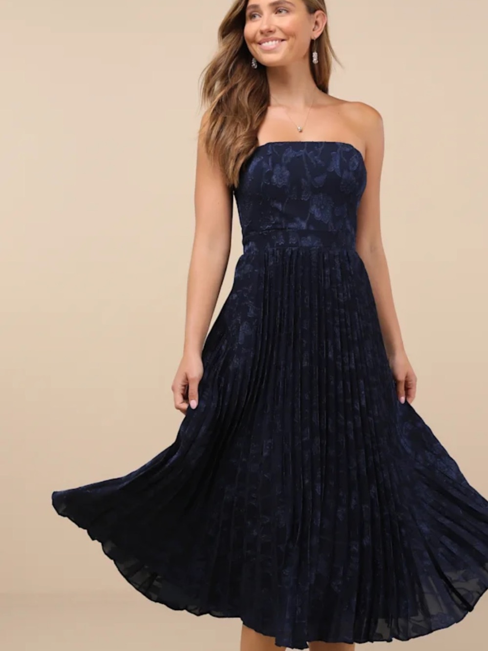 Lulu's Navy Strapless Pleated Midi Dress